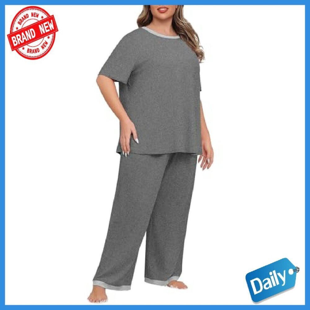 Plus Size Knit Pajama Set with Pockets, Short Sleeve & Pants - Picture 4 of 8